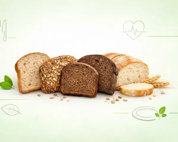 Różnorodne pieczywo, w tym chleb wieloziarnisty, na jasnym tle z symbolami zdrowia i natury.